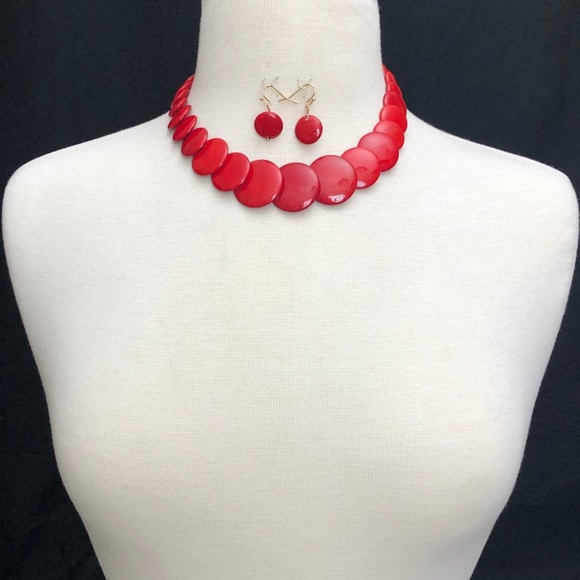 Red Stone Round Disk Beads Necklace Earrings Set - Picture 2 of 3